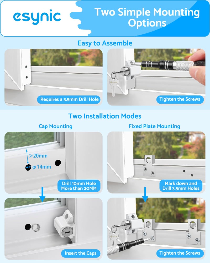 eSynic 2-Pack Heavy Duty Sliding Door & Window Locks with Keys - Universal Fit Zinc Alloy Security Lock for Patio/French Doors, Dual Installation (Punch/Non-Punch) - Weatherproof Home Safety Set - Image 4